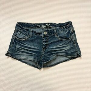 Navy blue distressed wash denim shorts